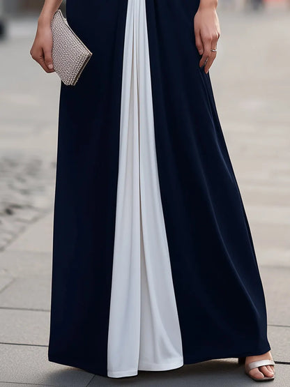 Ruched Deep V-Neck Contrast Panel Maxi Dress