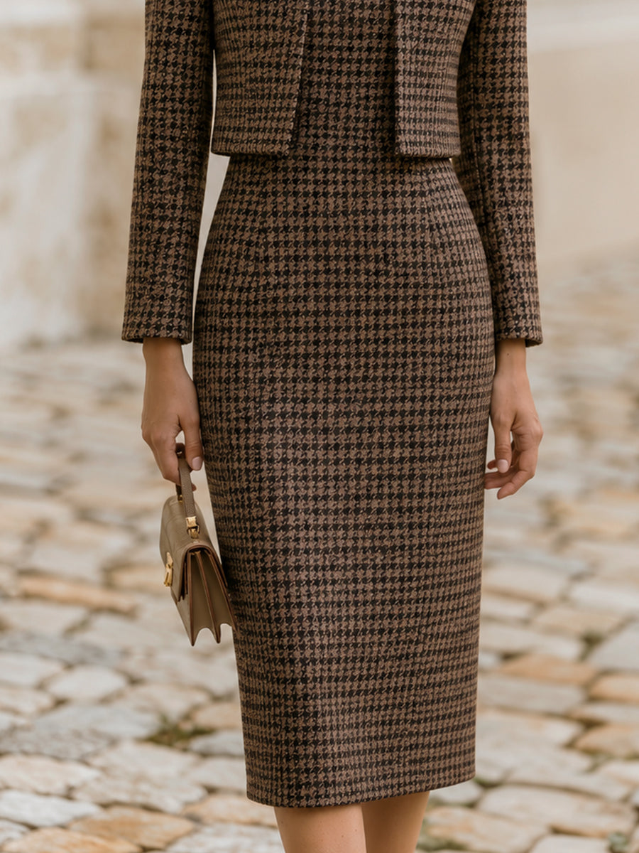 Houndstooth  Blazer & Square Neck Midi Pencil Dress Two-Piece Set
