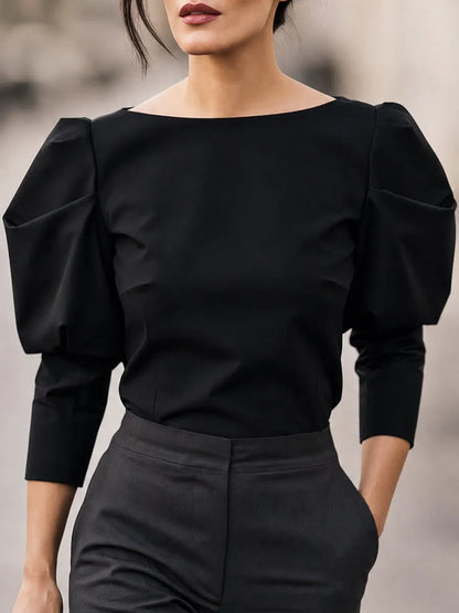Women's Puff Sleeve Boat Neck Blouse - Elegant Structured Top