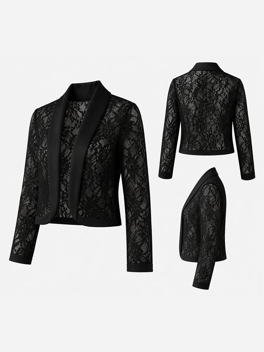 Satin V-Neck Midi Dress & Lace Sleeve Blazer Two-Piece Set