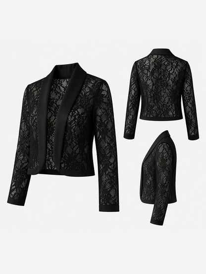 Satin V-Neck Midi Dress & Lace Sleeve Blazer Two-Piece Set