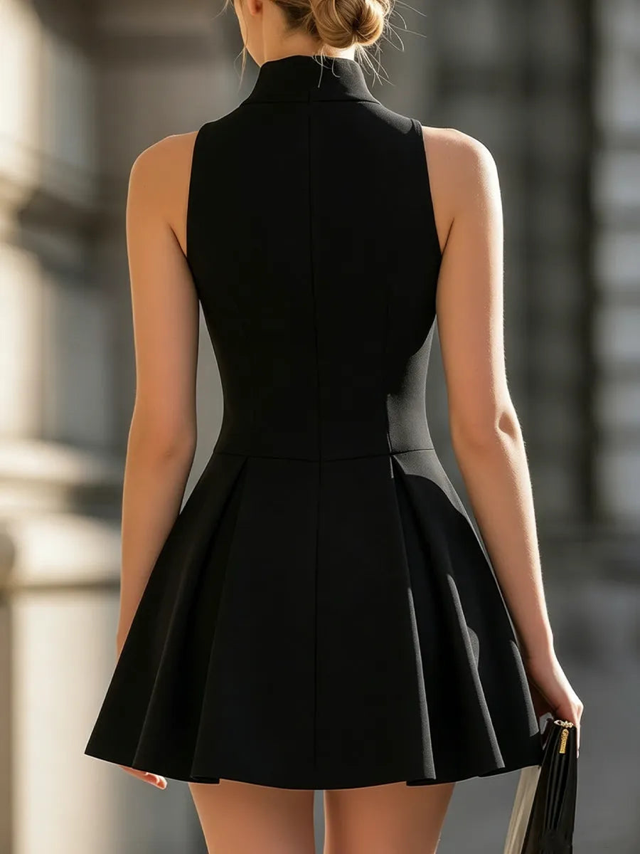 Stand-Up Collar Gold-Zip Sleeveless Fit-and-Flare Mini Dress