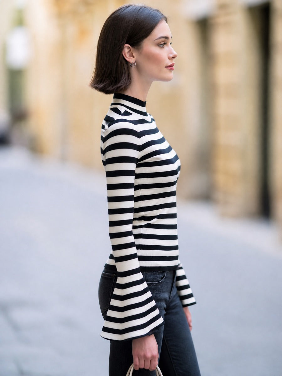 Striped Mock-Neck Bell-Sleeve Knit Top