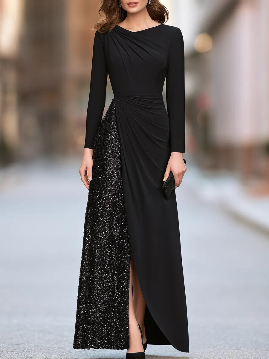 Asymmetric Neckline Ruched Sequin Panel Wrap-Front Maxi Dress