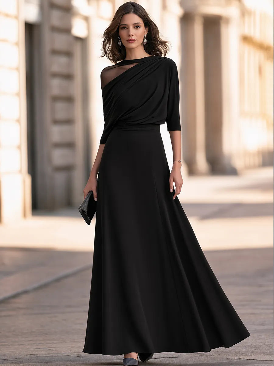 Elegant Draped Mesh One-Shoulder Maxi Evening Dress