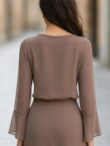 Draped Cowl Neck Flare Sleeve Blouse