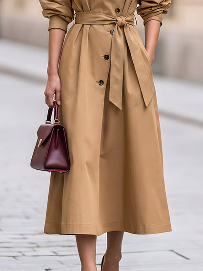 Double Breasted Belted Trench Style Midi Dress