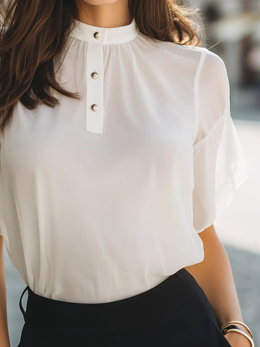 High-Neck Button Detail Flutter Sleeve Blouse