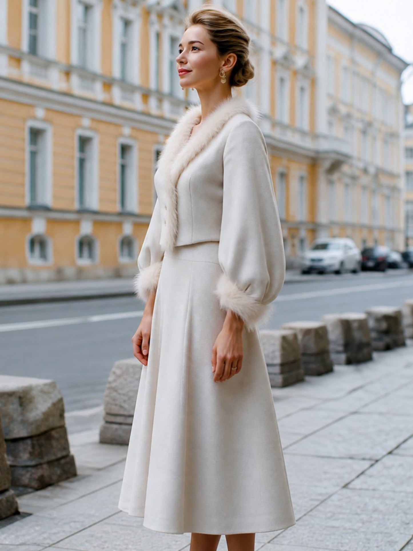Faux-Fur Trim Wool-Texture Jacket And A-Line Skirt Set