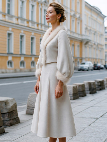 Faux-Fur Trim Wool-Texture Jacket And A-Line Skirt Set