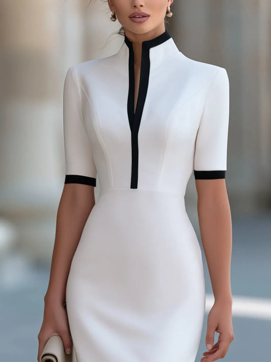 High-Collar Contrast Trim Sheath Midi Dress