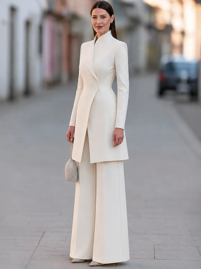 Elegant Longline Tailored Blazer And Wide Leg Pants Suit Set