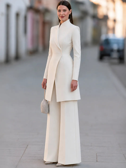 Elegant Longline Tailored Blazer And Wide Leg Pants Suit Set