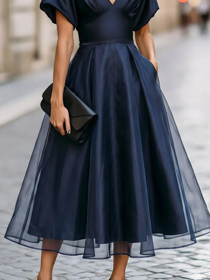 Legant Satin V-Neck Flutter Sleeve Midi Dress In A-Line Silhouette