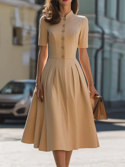 Mandarin-Collar Button-Front Pleated Midi Dress