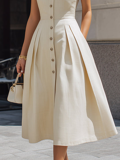 Sleeveless Stand-Collar Pleated Midi Shirt Dress