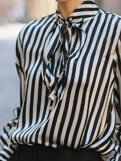 Tie-Neck Vertical Stripe Long Sleeve Blouse