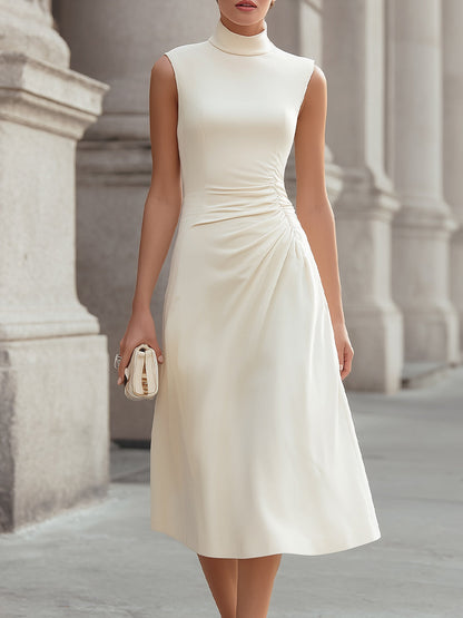 High-Neck Sleeveless Ruched-Waist Midi Dress