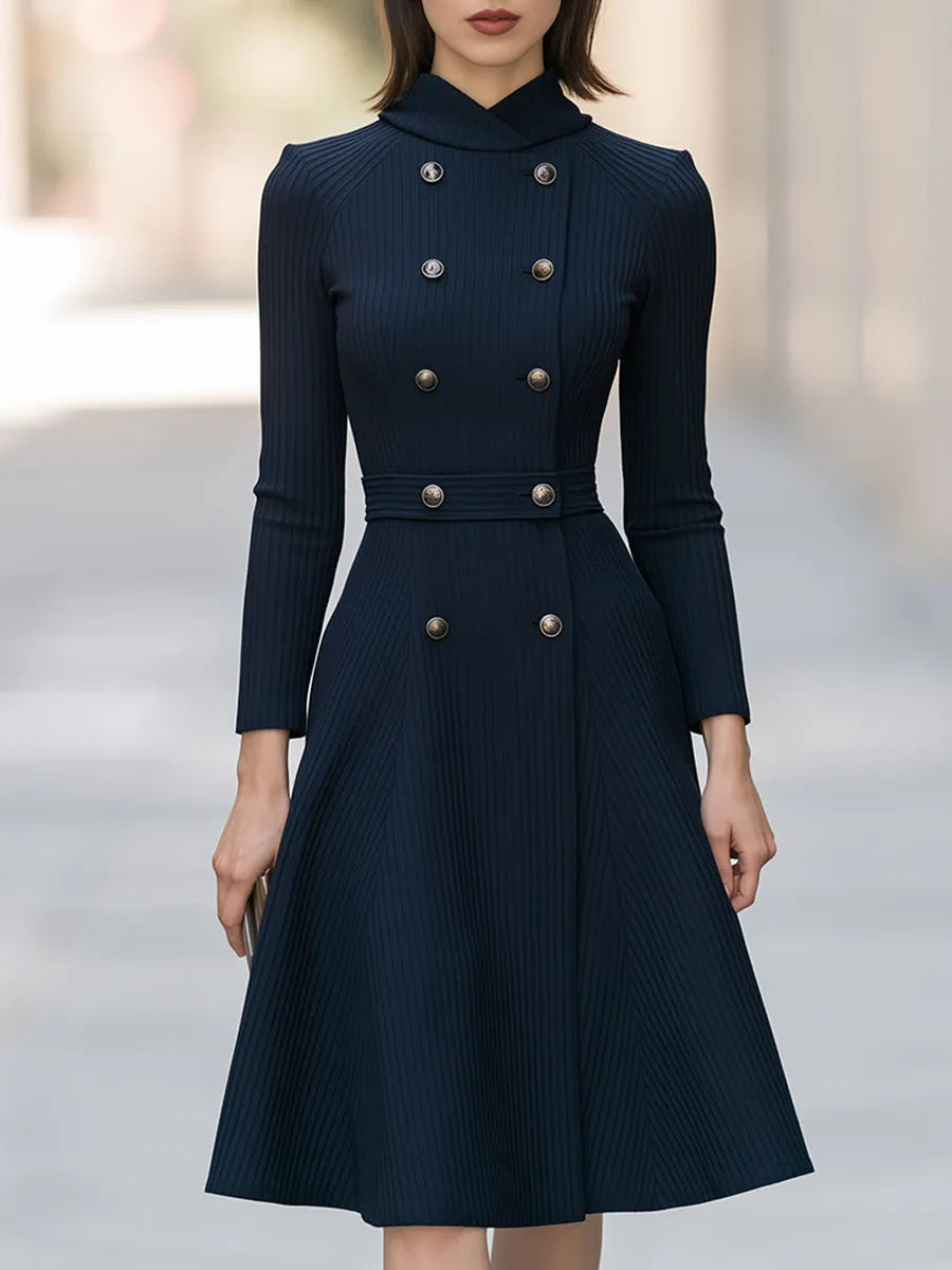 Double-Breasted Ribbed Knit Midi Dress