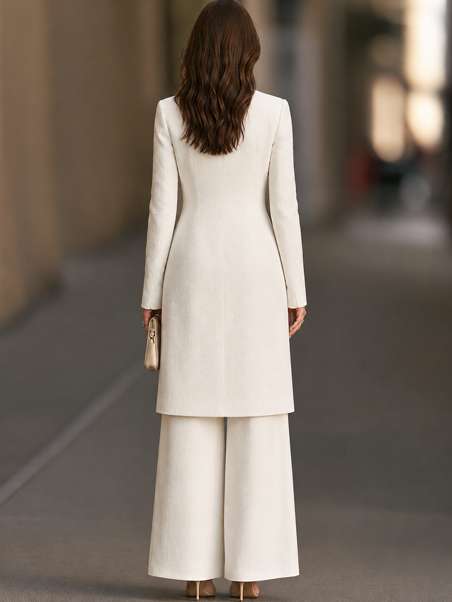 Round-Neck Button-Front Longline Jacket And Wide-Leg Trouser Set