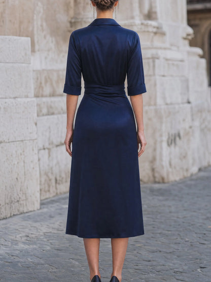 Lapel Ruched Satin Midi Dress