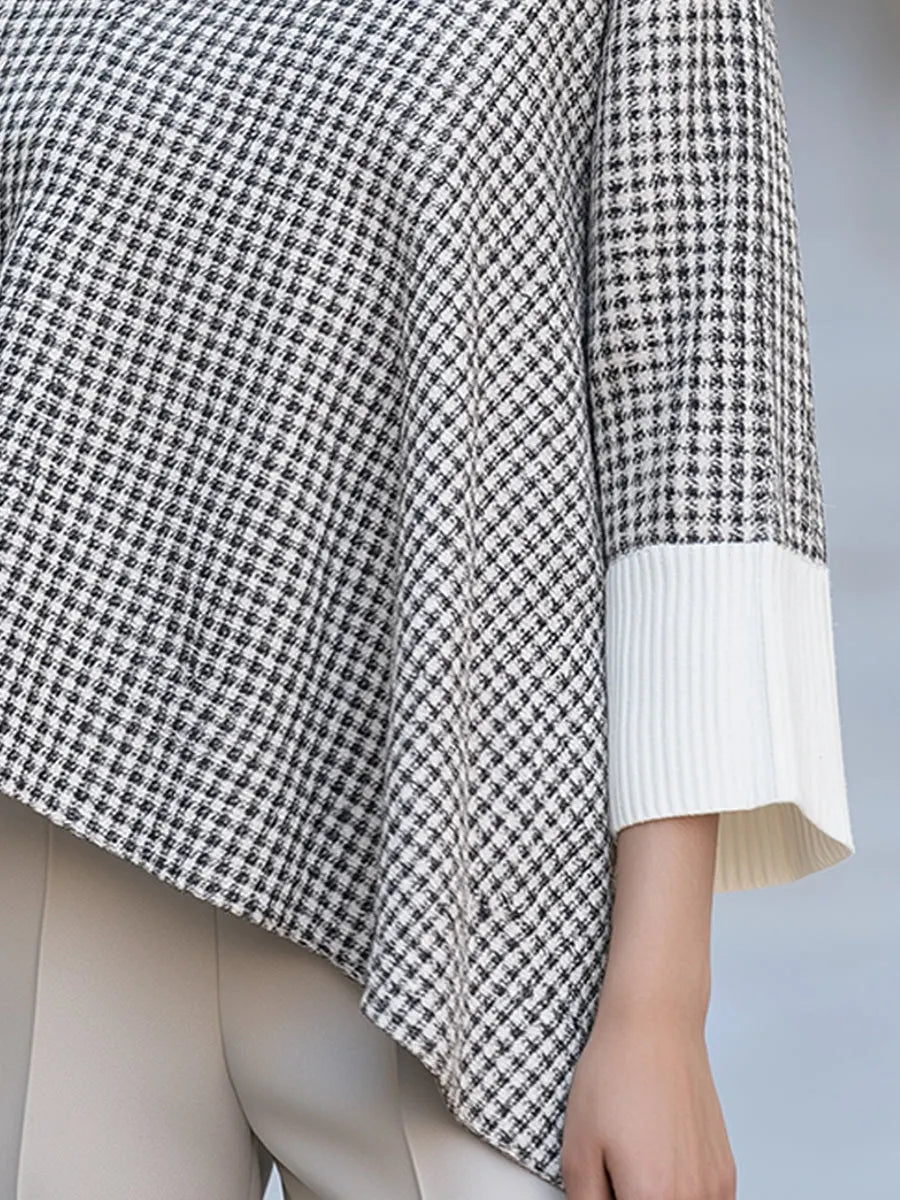 Houndstooth Spliced Knit Sweater Asymmetric Hem Mock Neck Batwing Top