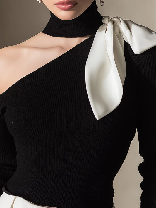 Blusa de Tricô de Um Ombro Só com Detalhe de Laço Contrastante
