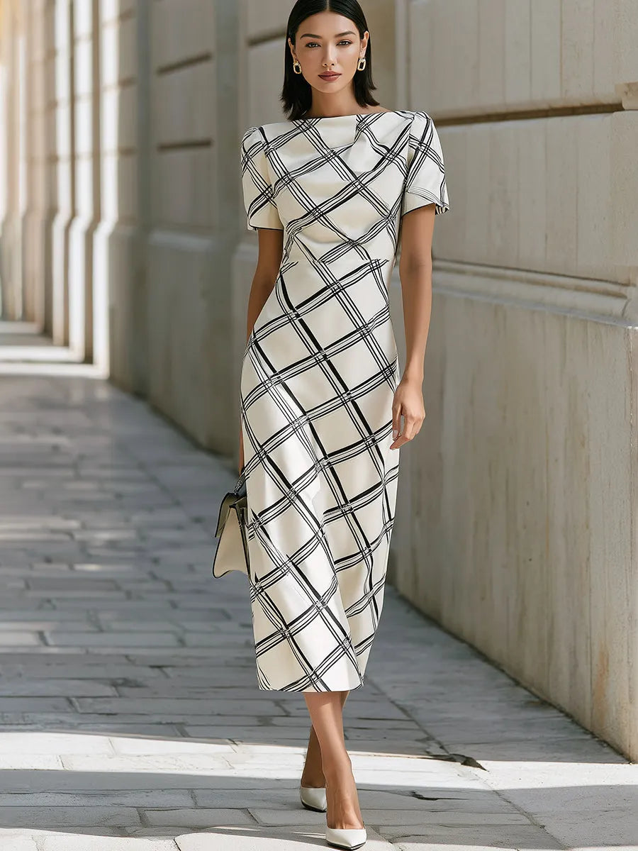 White & Black Plaid Puffed Sleeve Sheath Midi Dress
