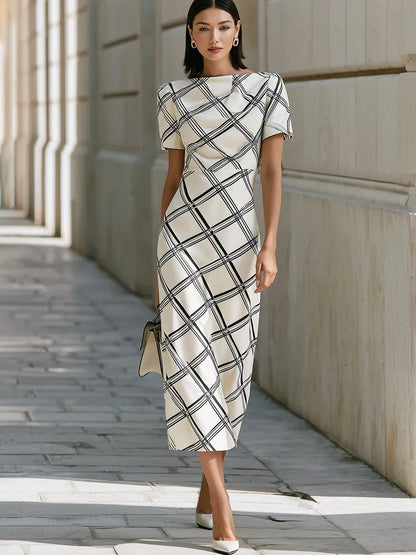 White & Black Plaid Puffed Sleeve Sheath Midi Dress