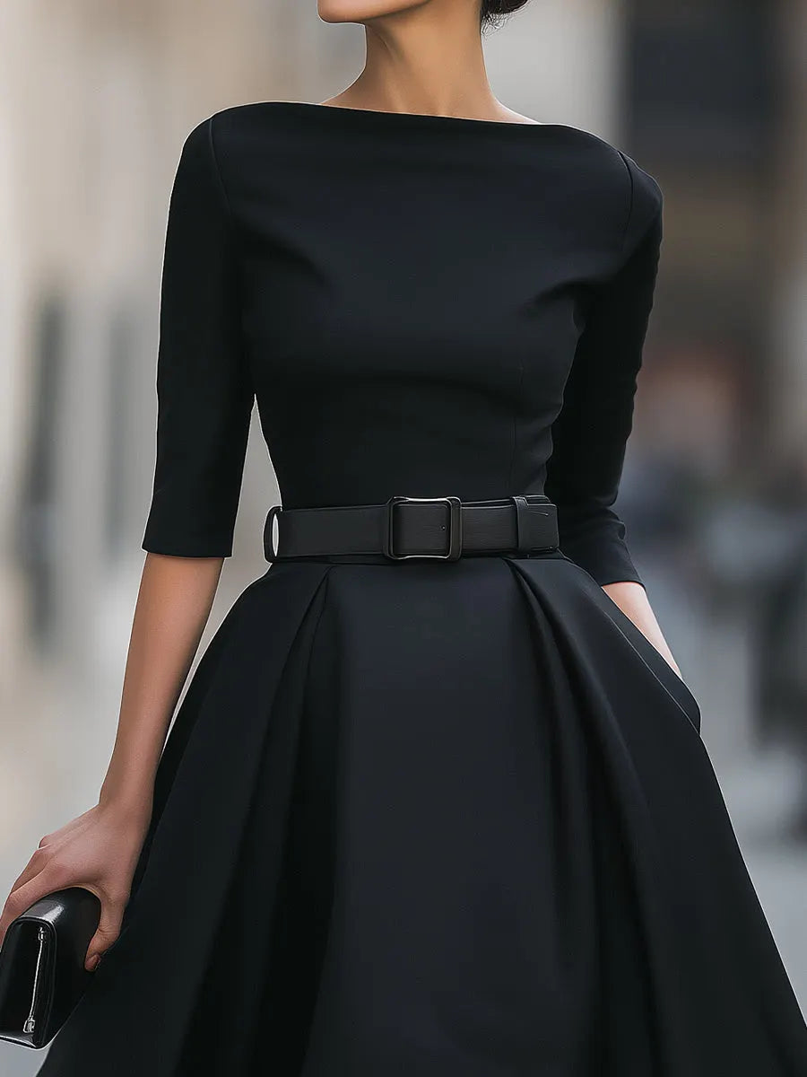 Belted Bateau-Neck Half-Sleeve A-Line Midi Dress