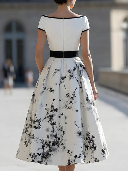 Elegant White Black Ink Floral Print Boat Neck Flared Midi Dress