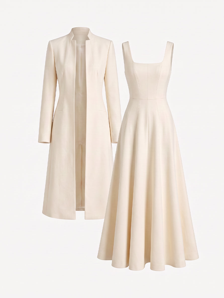 Stand‐Collar Long Open Coat & Flared Maxi‐Dress Two‐Piece Crepe Co‐Ord Set