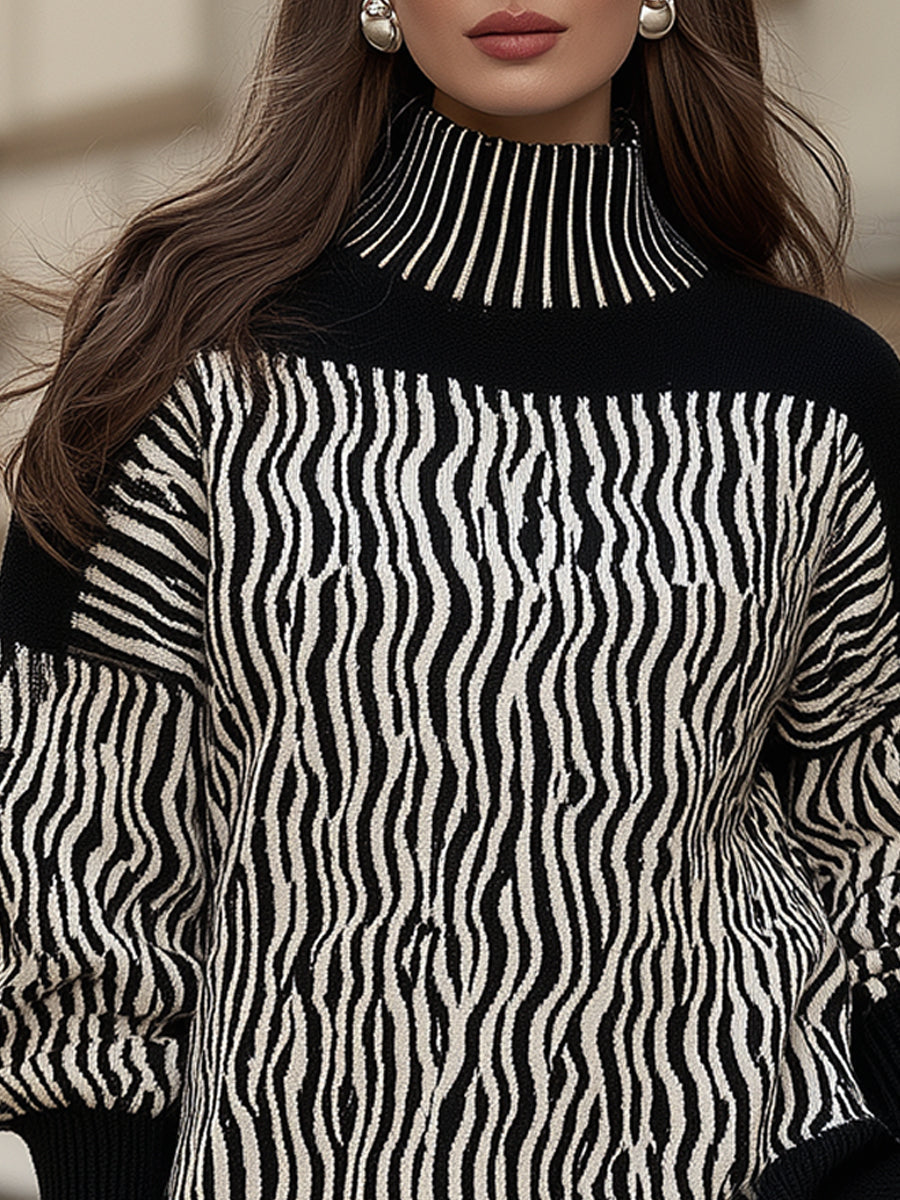 Abstract Stripe Mock Neck Knit Sweater