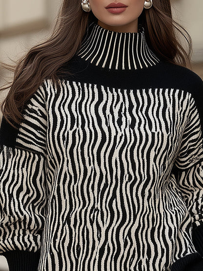 Abstract Stripe Mock Neck Knit Sweater