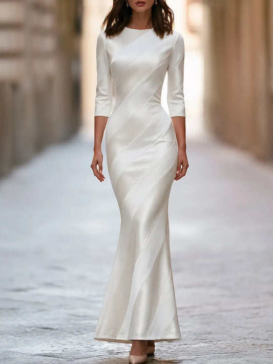 Vestido Maxi Elegante Branco Texturizado de Manga Longa