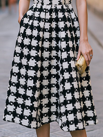 Sleeveless Houndstooth Tweed Pleated Flare Midi Dress