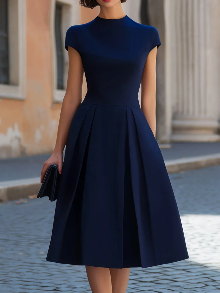 Navy Blue High Neck Cap Sleeve Inverted Pleat A-Line Midi Dress