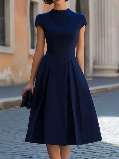 Navy Blue High Neck Cap Sleeve Inverted Pleat A-Line Midi Dress