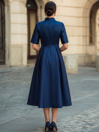 Mock Neck Short Sleeve Glossy Satin Tailored Waist Full A-Line Midi Dress