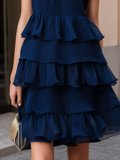 Halter Mock Neck Keyhole Tiered Ruffle Chiffon Mini Dress