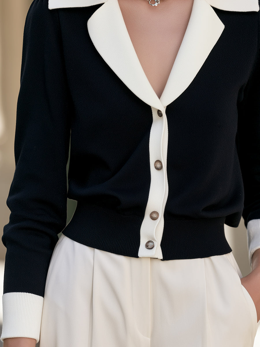 Contrast Lapel Button-Up Knit Cardigan