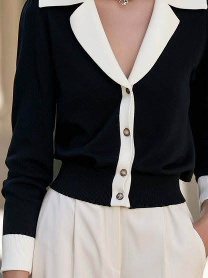Contrast Lapel Button-Up Knit Cardigan