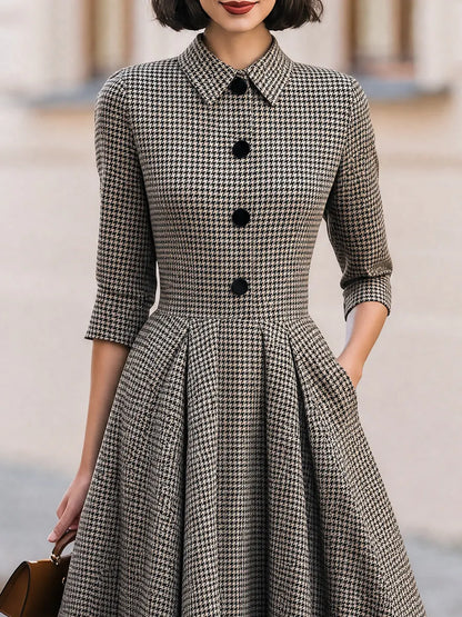 Houndstooth Collared 3/4 Sleeve Button Front A-Line Midi Dress