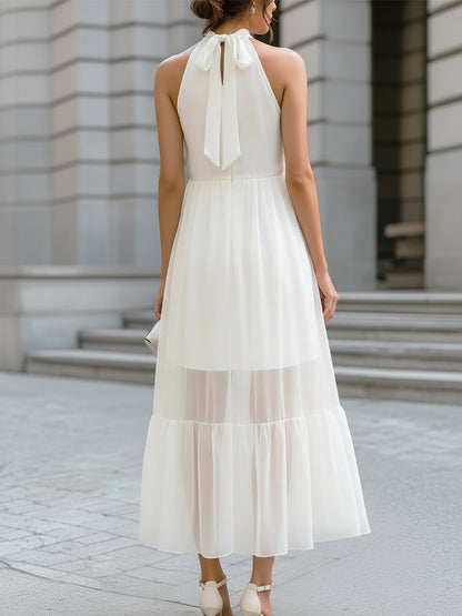 Halter-Neck Chiffon Tiered Midi Dress With Sheer Panels