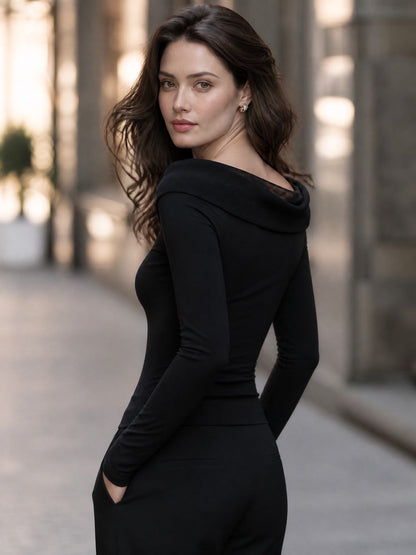 Mesh Insert Fold-Over Neck Long Sleeve Top
