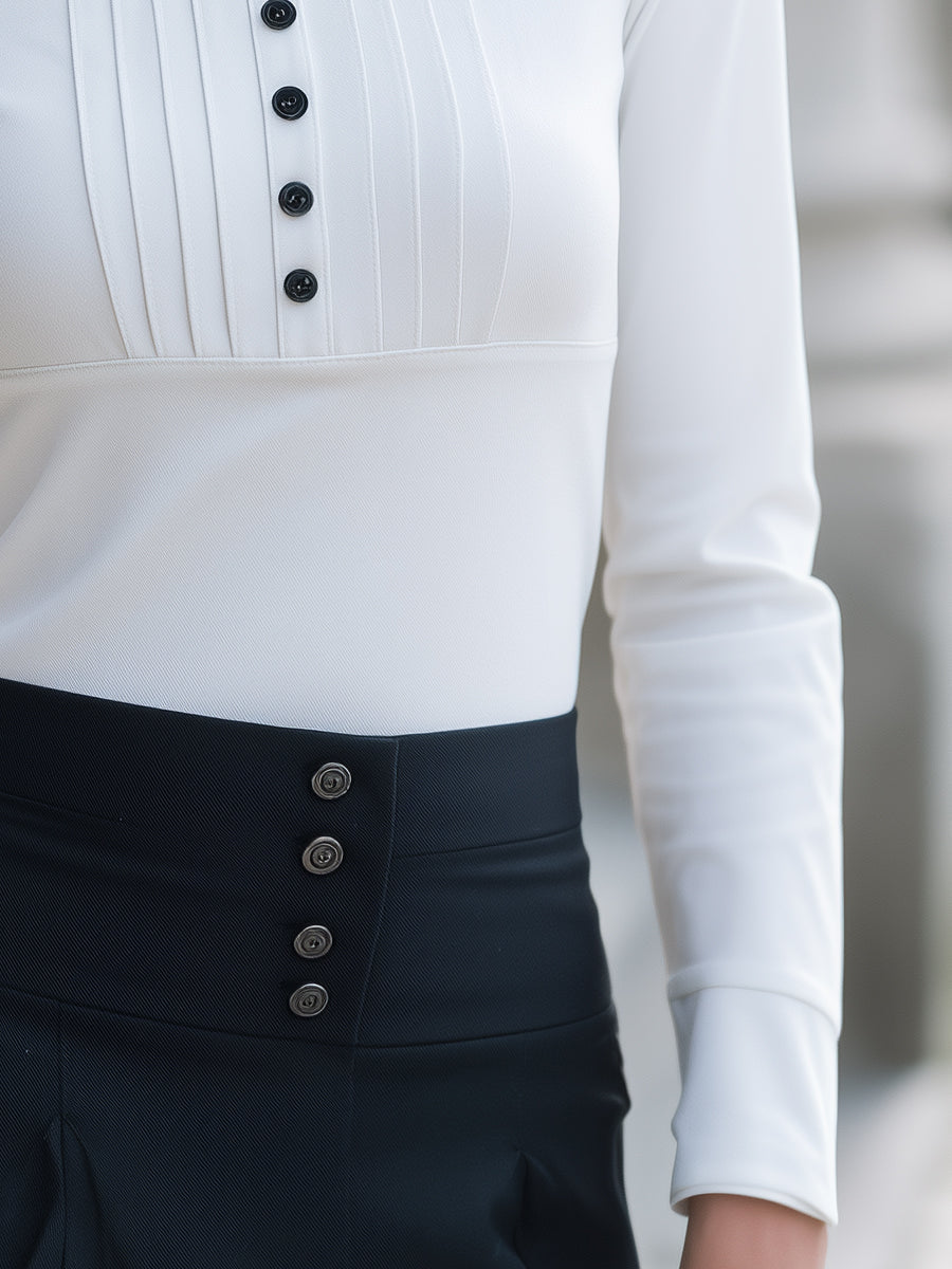 Stand Collar Pleated Front Button Placket Blouse