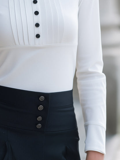 Stand Collar Pleated Front Button Placket Blouse