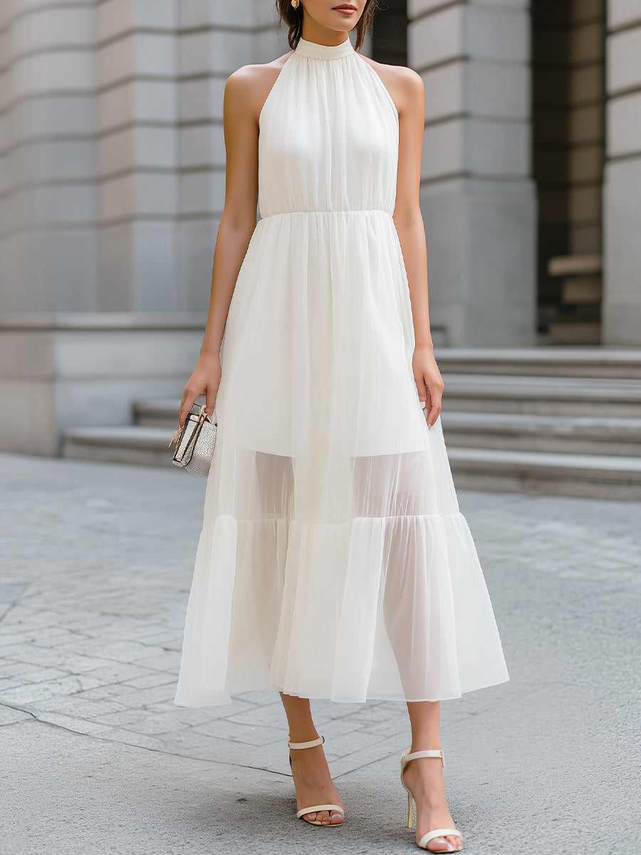 Halter-Neck Chiffon Tiered Midi Dress With Sheer Panels