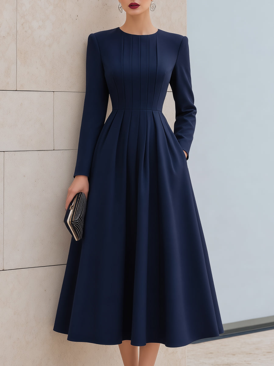 Elegant Pleated Waist A-Line Midi Dress