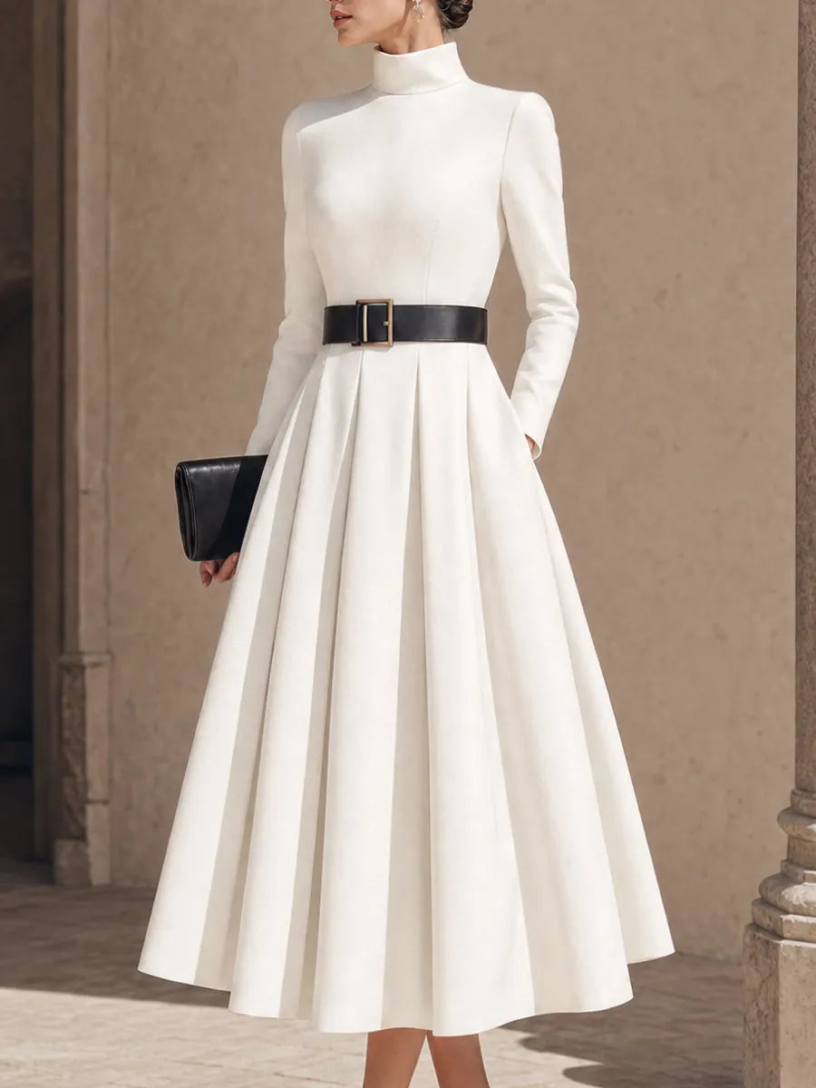High-Neck Belted Maxi Dress With Pleated Full Skirt